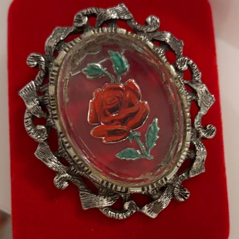Vintage Reverse painted Glass Rose Brooch